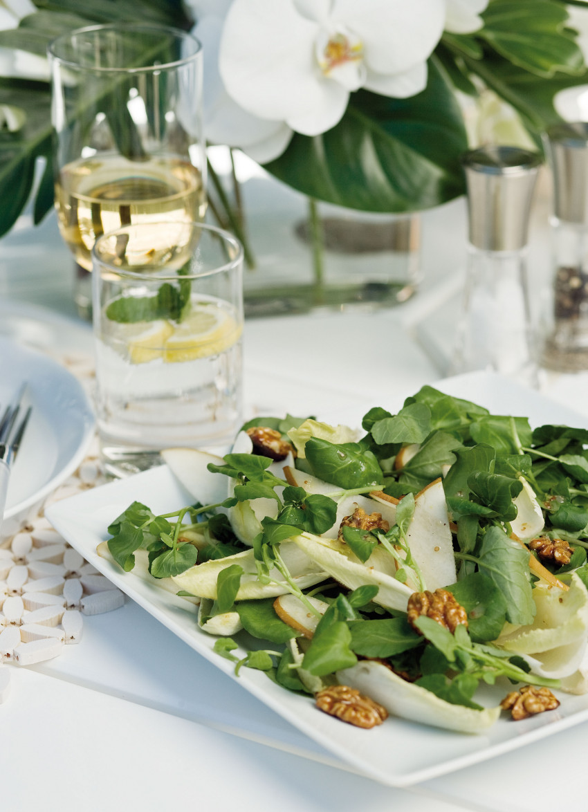 Watercress and Witlof Salad with Fresh Pear and Honeyed Walnuts