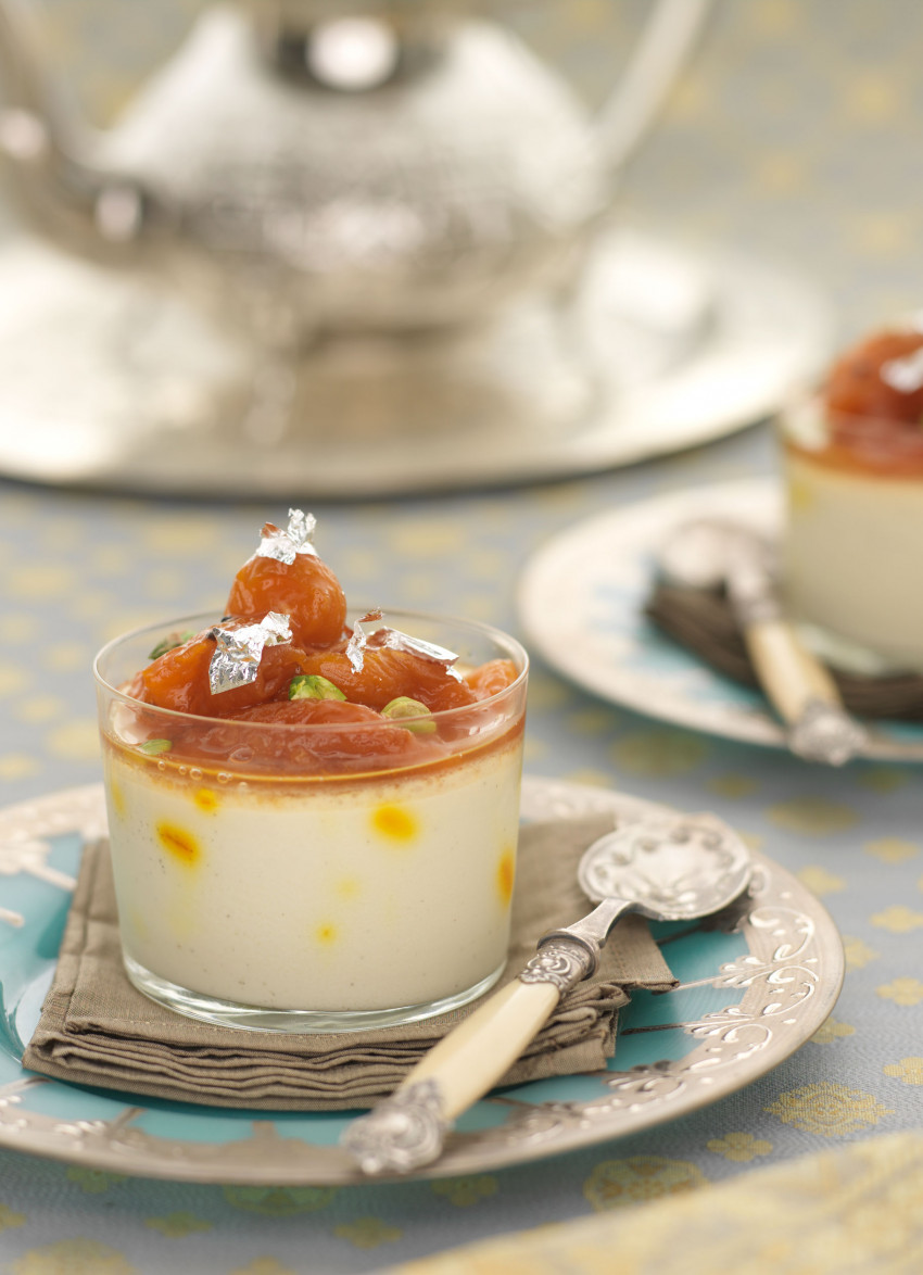 Saffron and Cardamom Custards with Poached Apricots