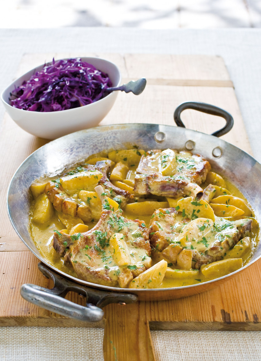 Pork Chops with Apples, Calvados and Mustard Sauce