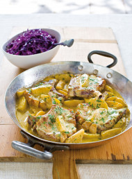 Pork Chops with Apples, Calvados and Mustard Sauce