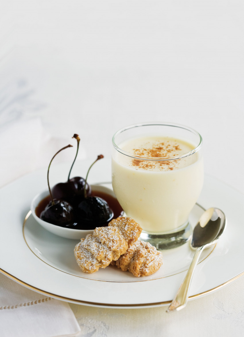 Chilled Cinnamon Creams with Cherries in Caramel Brandy Syrup