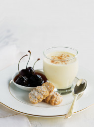 Chilled Cinnamon Creams with Cherries in Caramel Brandy Syrup