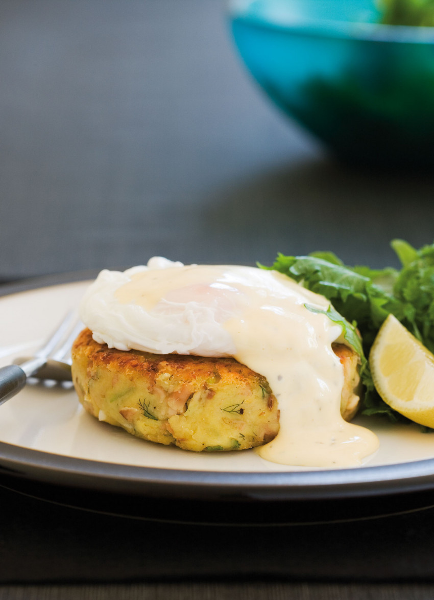 Smoked Fish Hash Cakes with Poached Eggs and Hollandaise