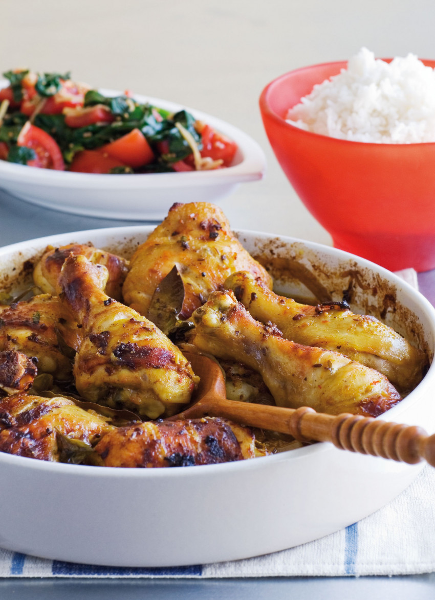 Chicken Curry with Wilted Spinach and Tomato Salad