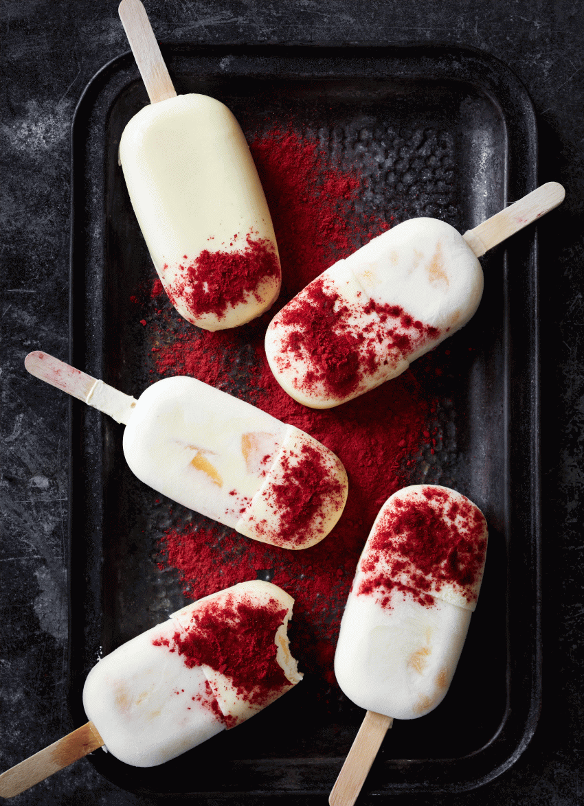 Roast Peach, Yoghurt and White Chocolate Popsicles with Raspberry Powder