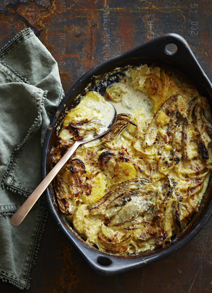 Fennel, Potato and Onion Gratin with Anchovy Cream