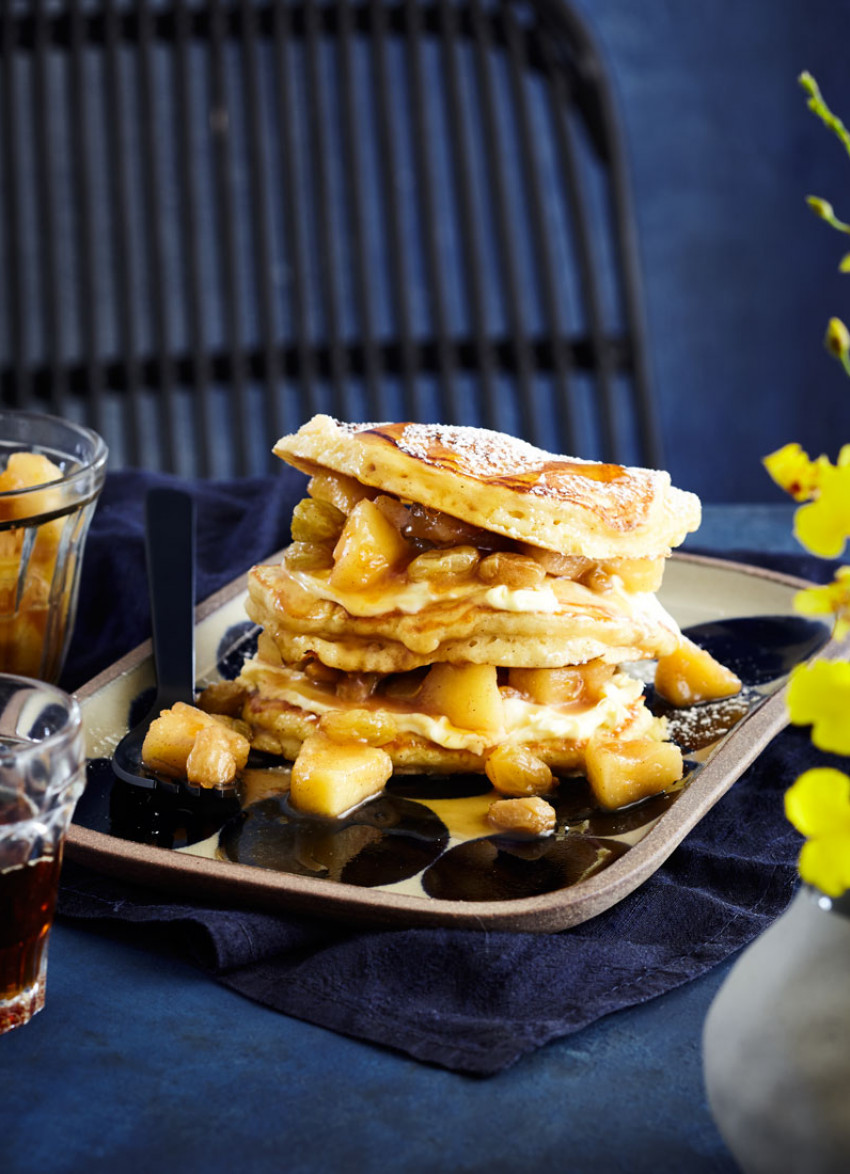 Buttermilk Hotcakes with Cider-Glazed Apples and Crème Fraiche