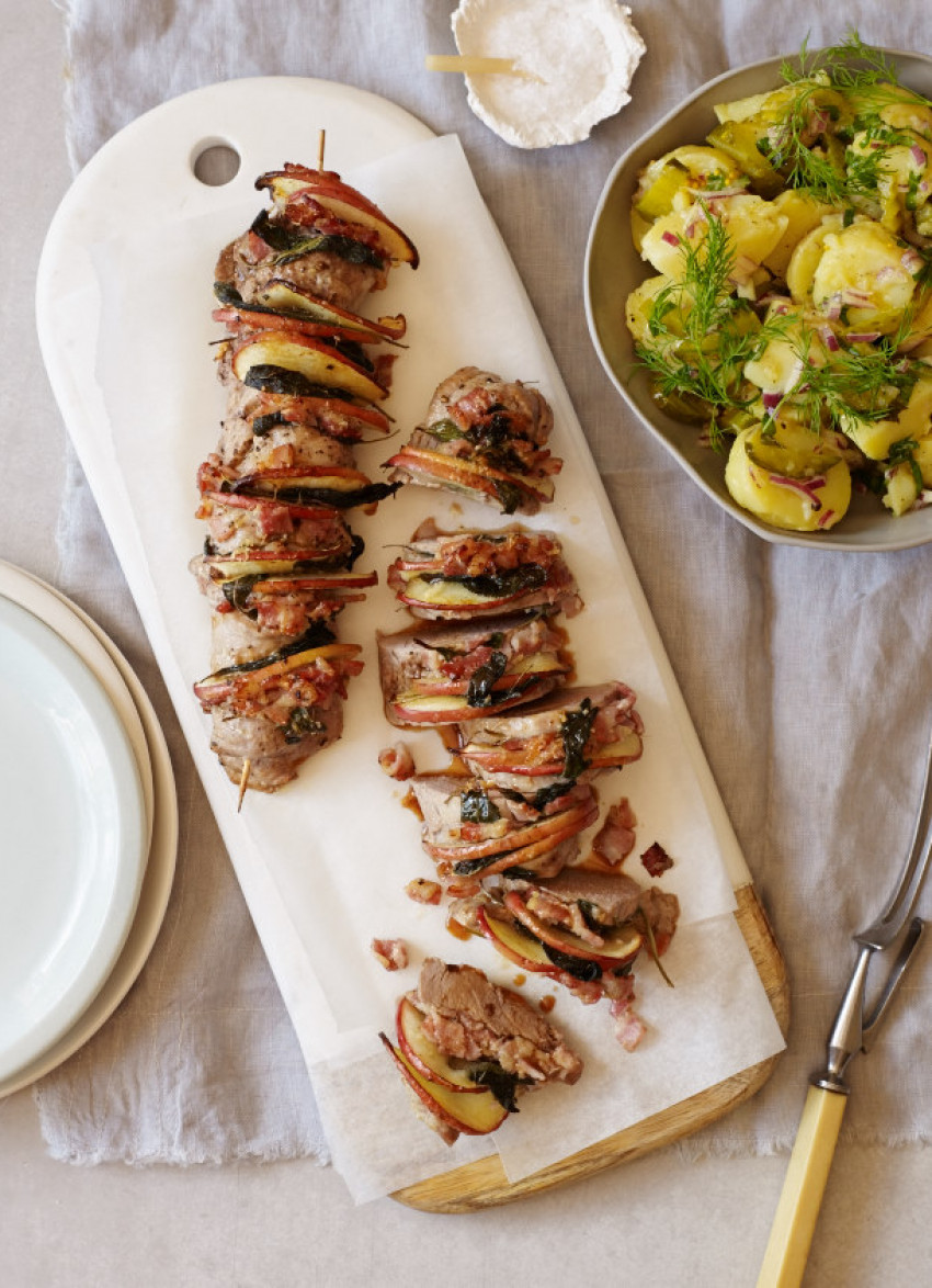 Hasselback Pork Fillet with Apple, Sage and Bacon