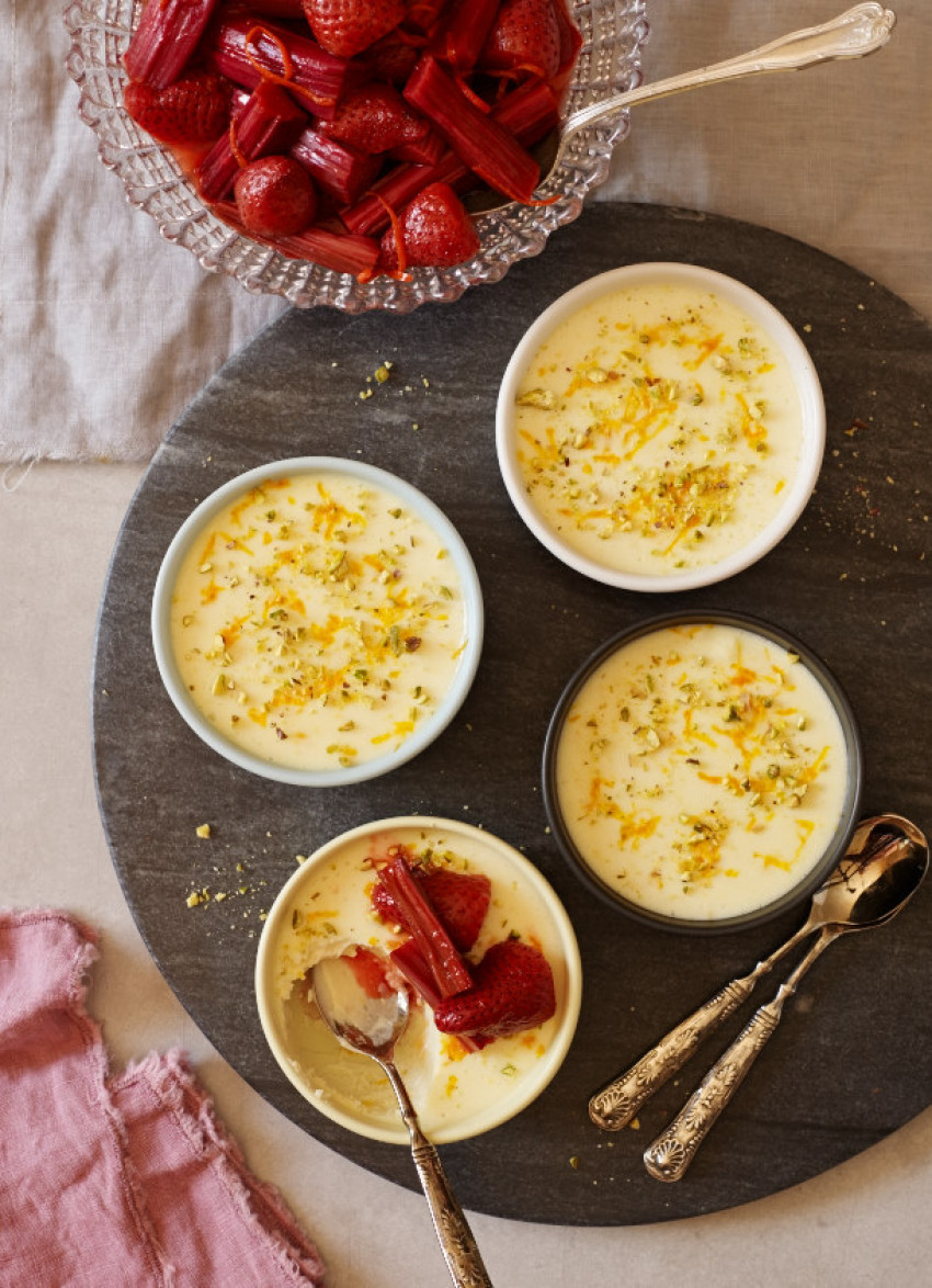 Orange and Rosewater Baked Yoghurt with Roasted Strawberries and Rhubarb