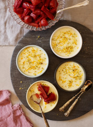 Orange and Rosewater Baked Yoghurt with Roasted Strawberries and Rhubarb