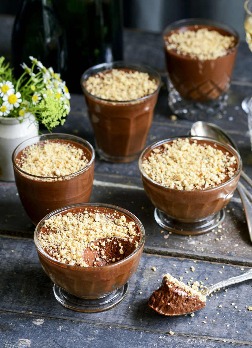 Dark Chocolate Amaretto Mousses with Amaretti Crumbs