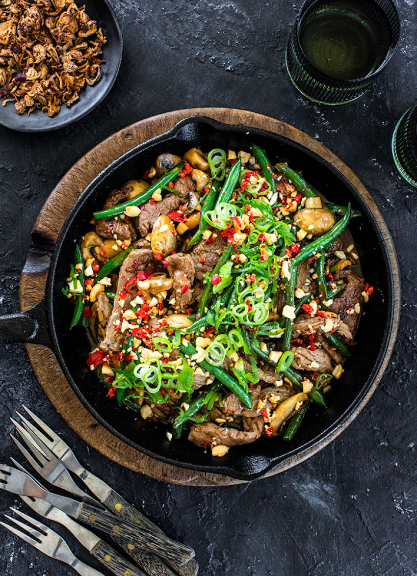 Soy and Ginger Steak, Green Beans and Mushrooms