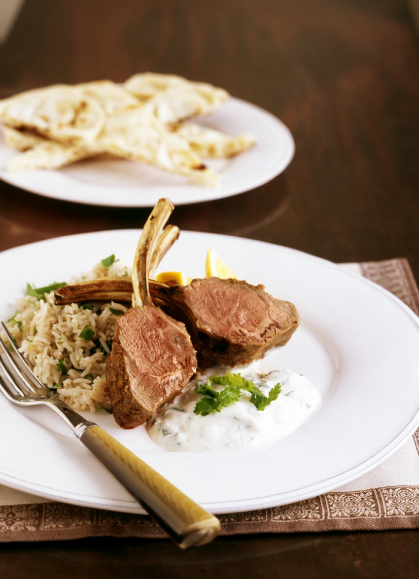 Baby Rack of Lamb with Indian Spices, Yoghurt Chutney and Spiced Basmati Rice