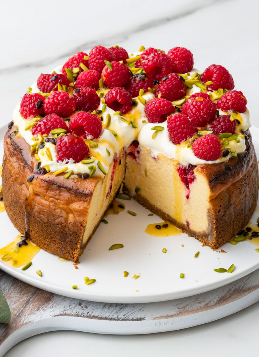 Baked Raspberry and Passionfruit Cheesecake