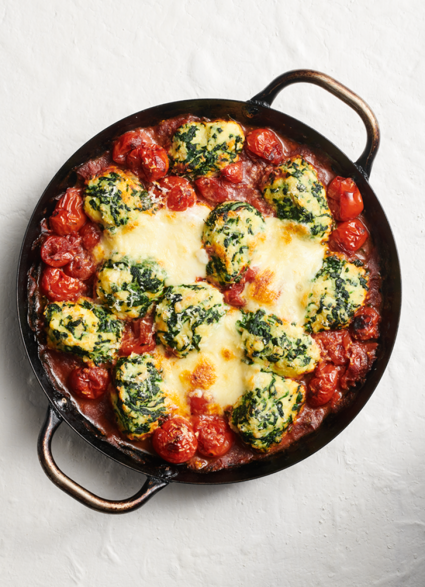Baked Spinach and Ricotta Gnocchi with Cherry Tomatoes