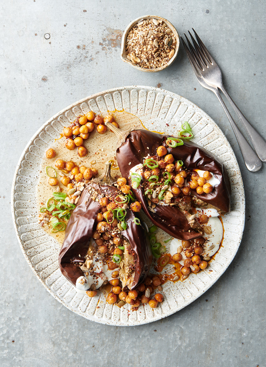 Baked Eggplant with Warm Chickpeas and Yoghurt 