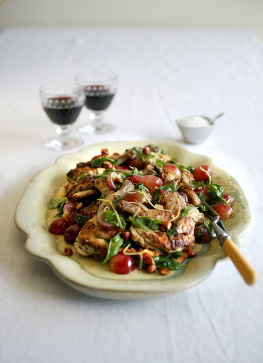 Barbecued Poussin with Grapes, Almonds and Basil
