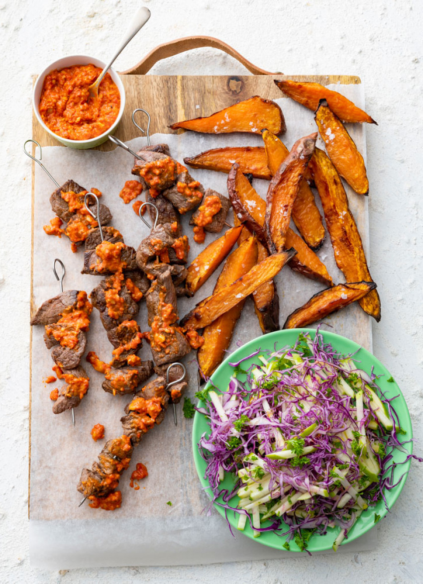 Beef Skewers with Roasted Capsicum and Almond Salsa