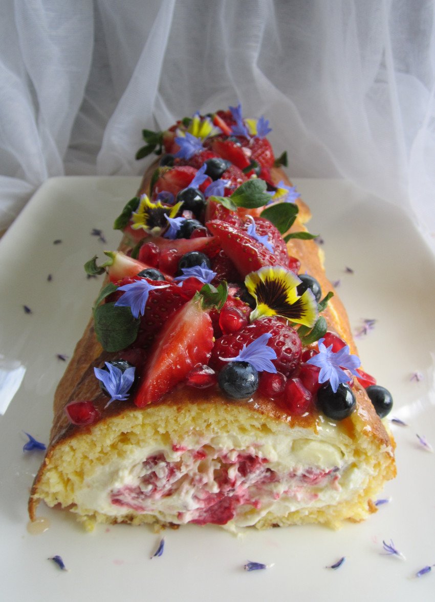 Berry, Coconut and Lemon Roulade with Rosewater Cream