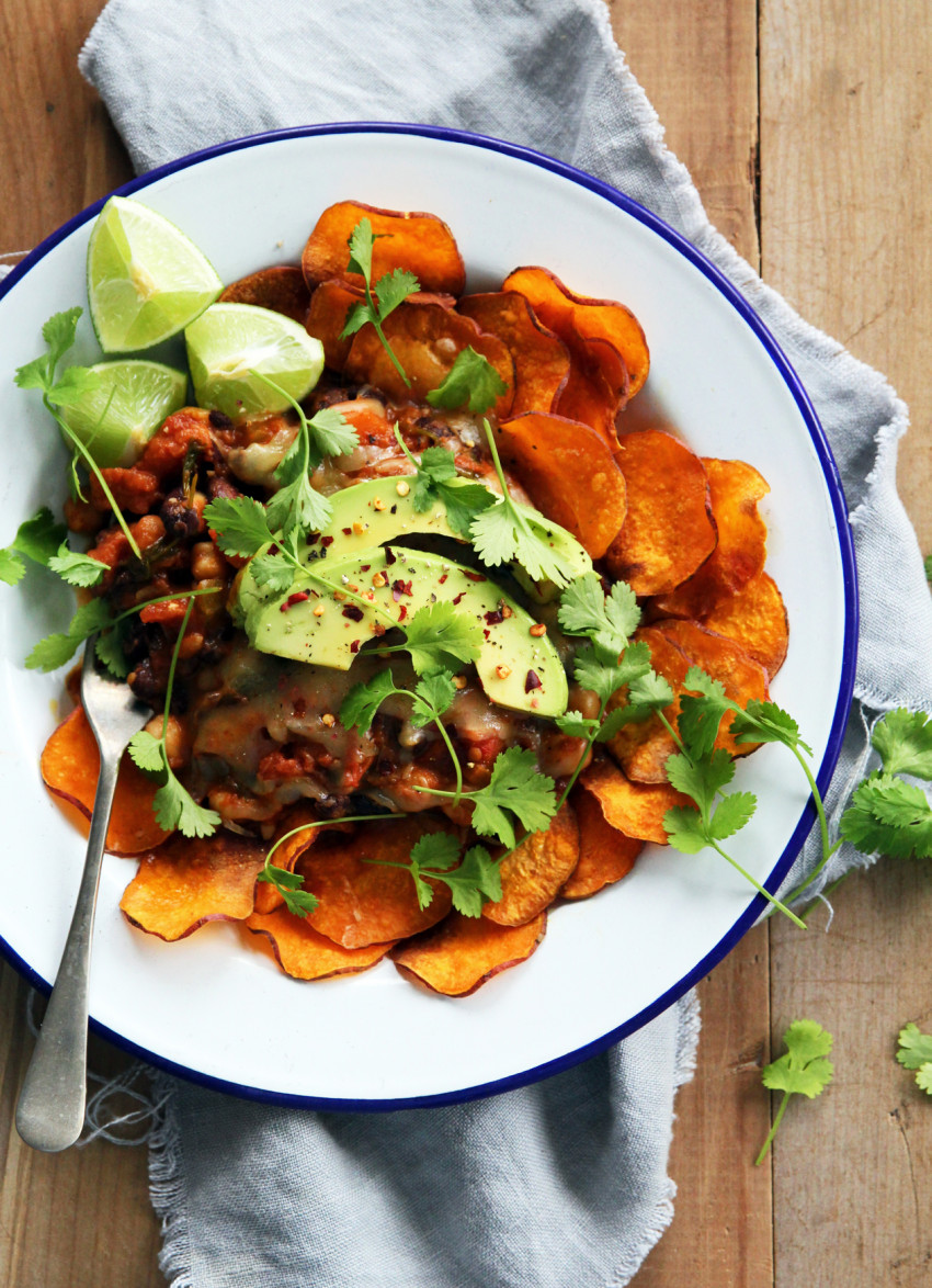 Black Bean and Chilli Nachos with Homemade Sweet Potato Chips