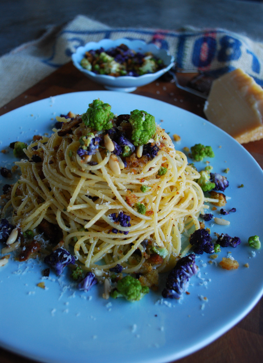 Spaghetti with Roasted Cauliflower, Pine Nuts and Brioche Crumbs