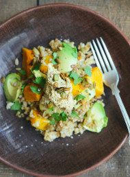 Brown Rice Salad with Roast Pumpkin, Avocado and Hummus