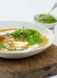 Tamari Roasted Pumpkin Soup with Spinach and Toasted Sunflower Seed Pesto
