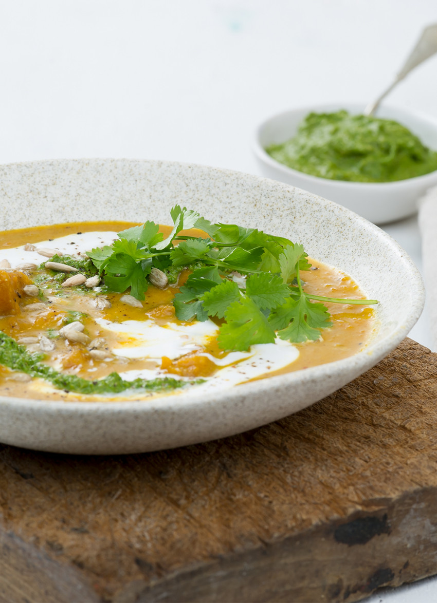 Tamari Roasted Pumpkin Soup with Spinach and Toasted Sunflower Seed Pesto