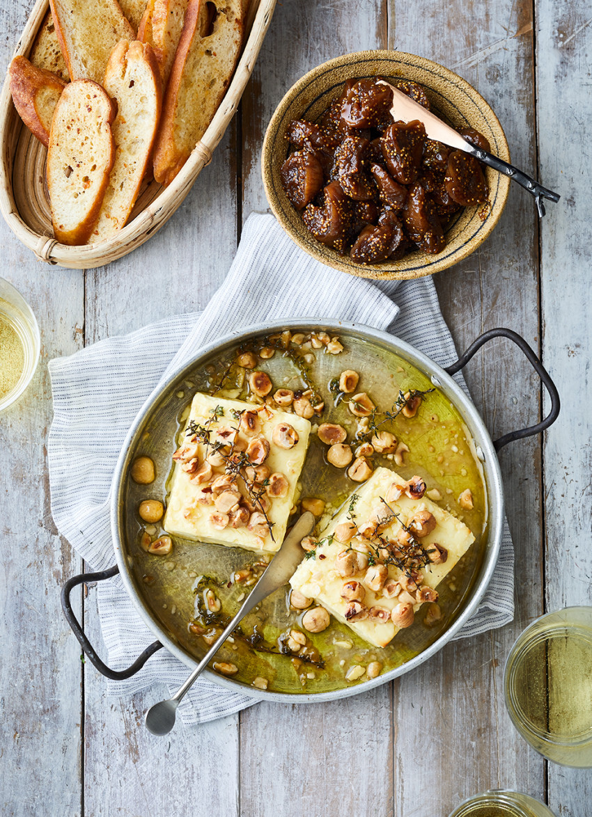 Baked Feta with Honey, Hazelnuts and Thyme with Dried Fig and Marsala Compote