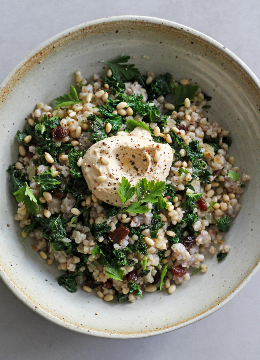 Sautéed Buckwheat, Kale, Raisins and Pine Nuts with Creamy Hummus