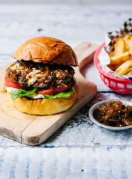 Beef and Blue Cheese Burgers with Pomegranate Glazed Onions