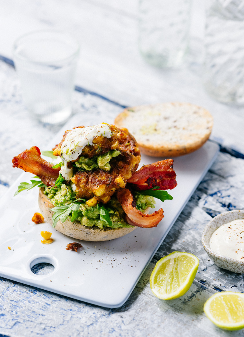 Street Corn Fritter Burgers, Crispy Bacon and Smashed Avocado 