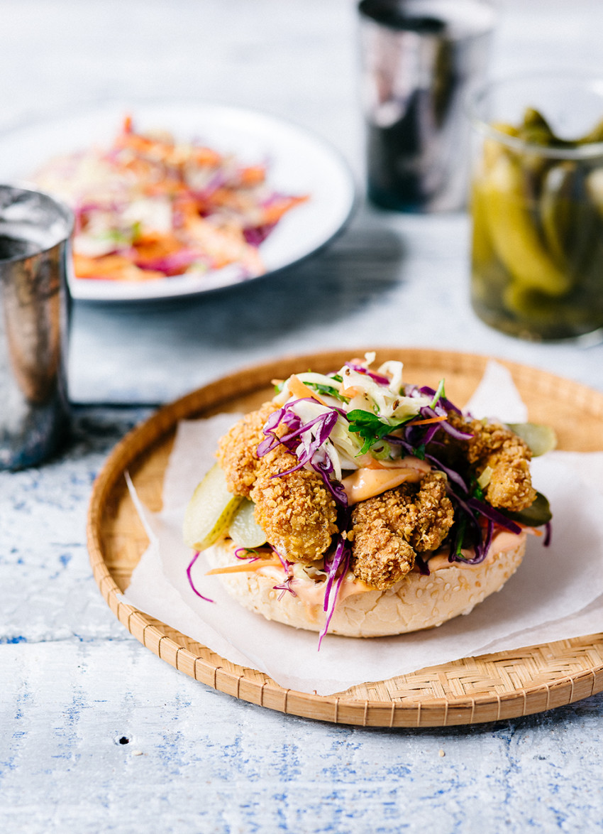 Corn Chip Crumbed Chicken and Fennel Slaw Burgers