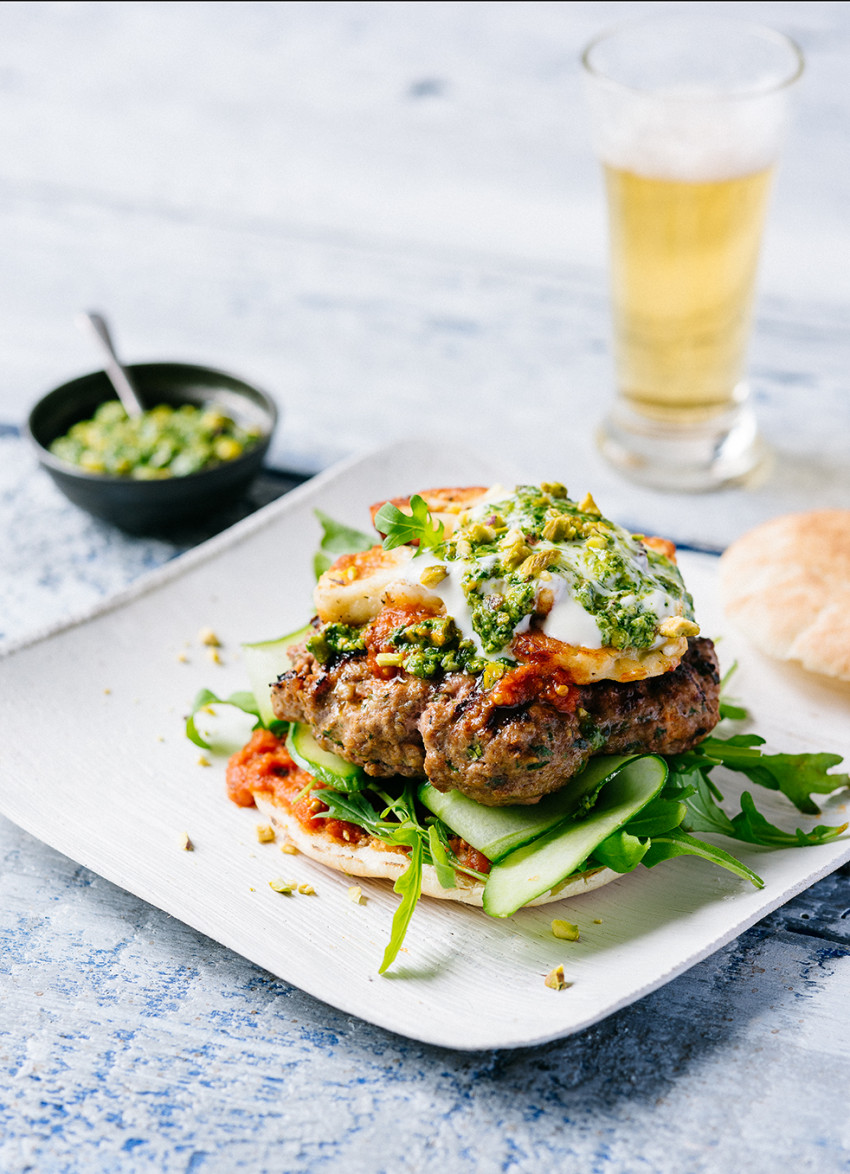 Moroccan Lamb Burgers, Grilled Halloumi and Pistachio Salsa