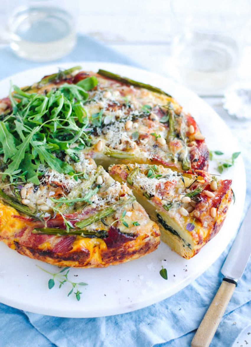 Caramelised Leek, Asparagus and Bacon Frittata