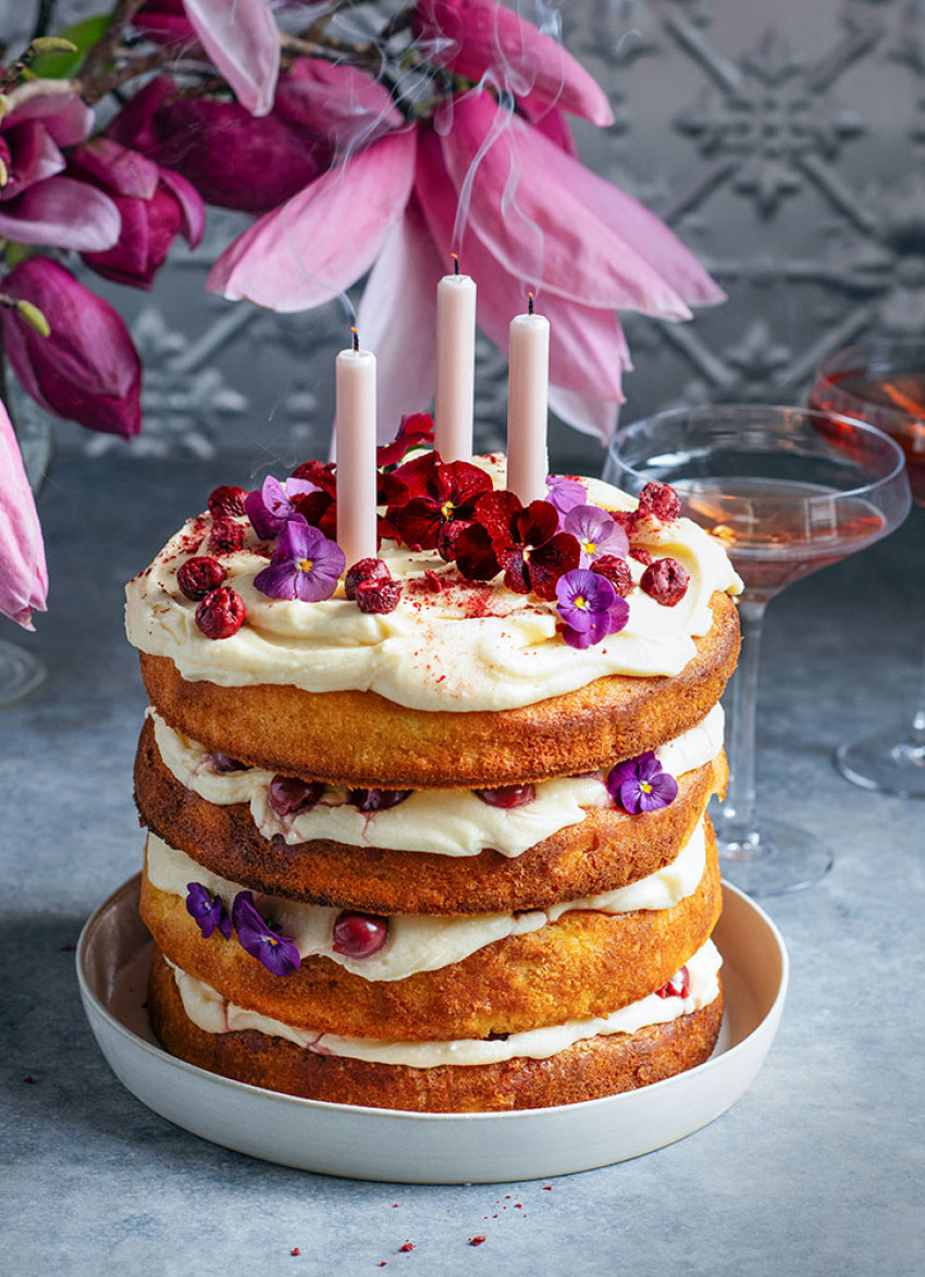 Cherry Almond Layer Cake topped with Cherries and Flowers
