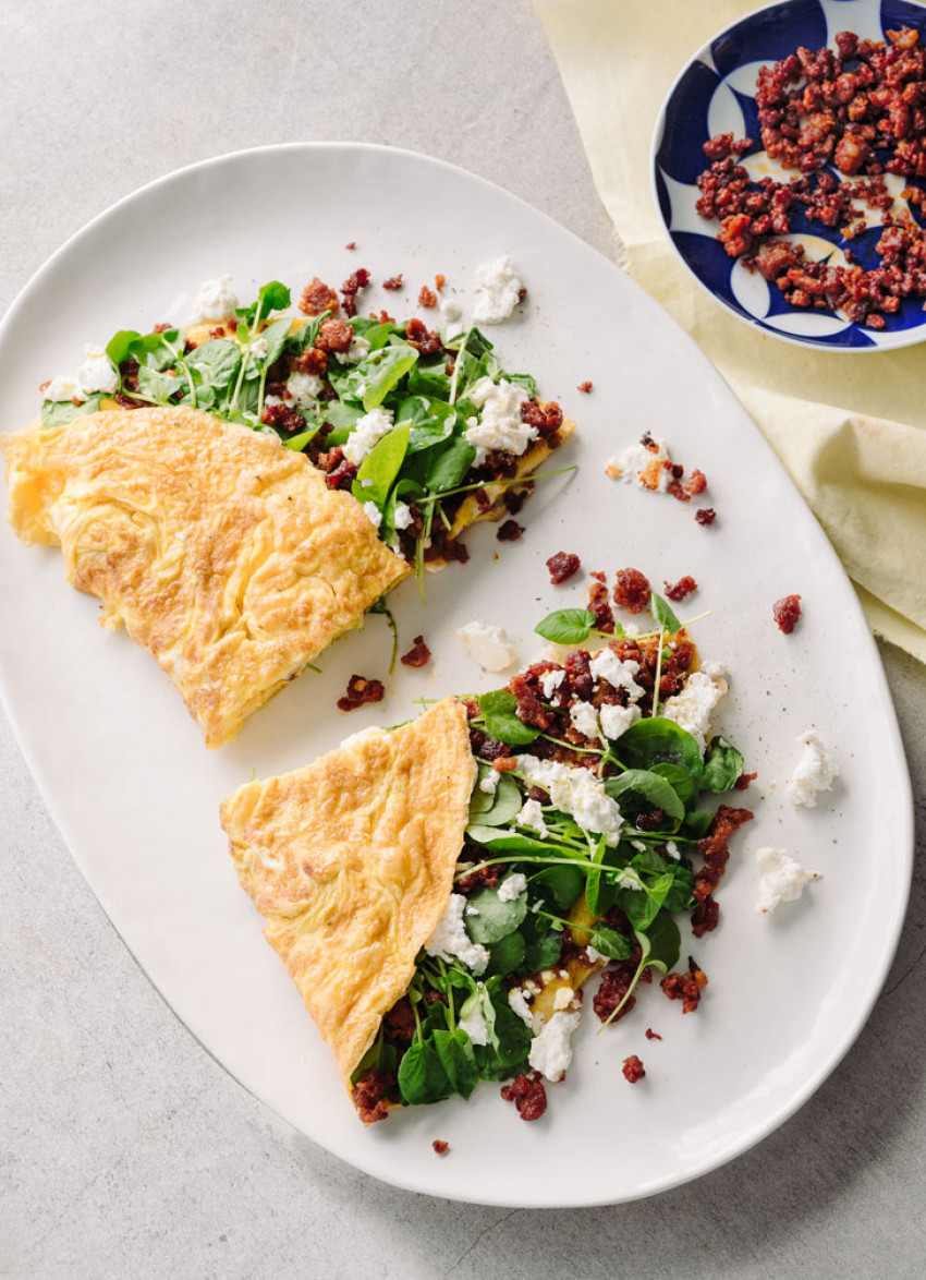 Chorizo, Watercress and Goat's Cheese Omelette