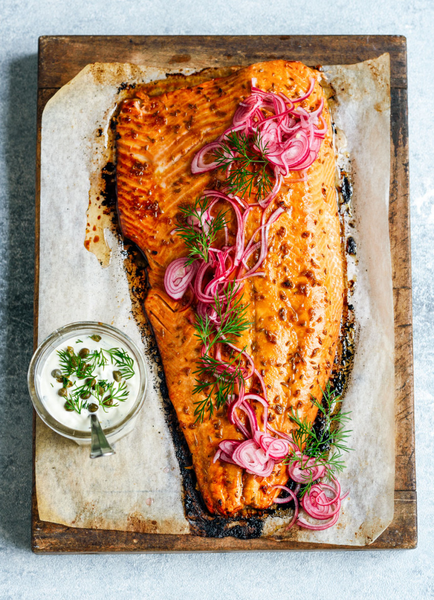 Roast Salmon with Pomegranate Glaze and Herby Mayo
