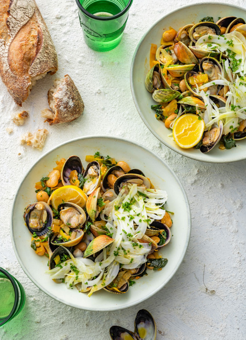 Cockles with White Beans, Greens and Harissa