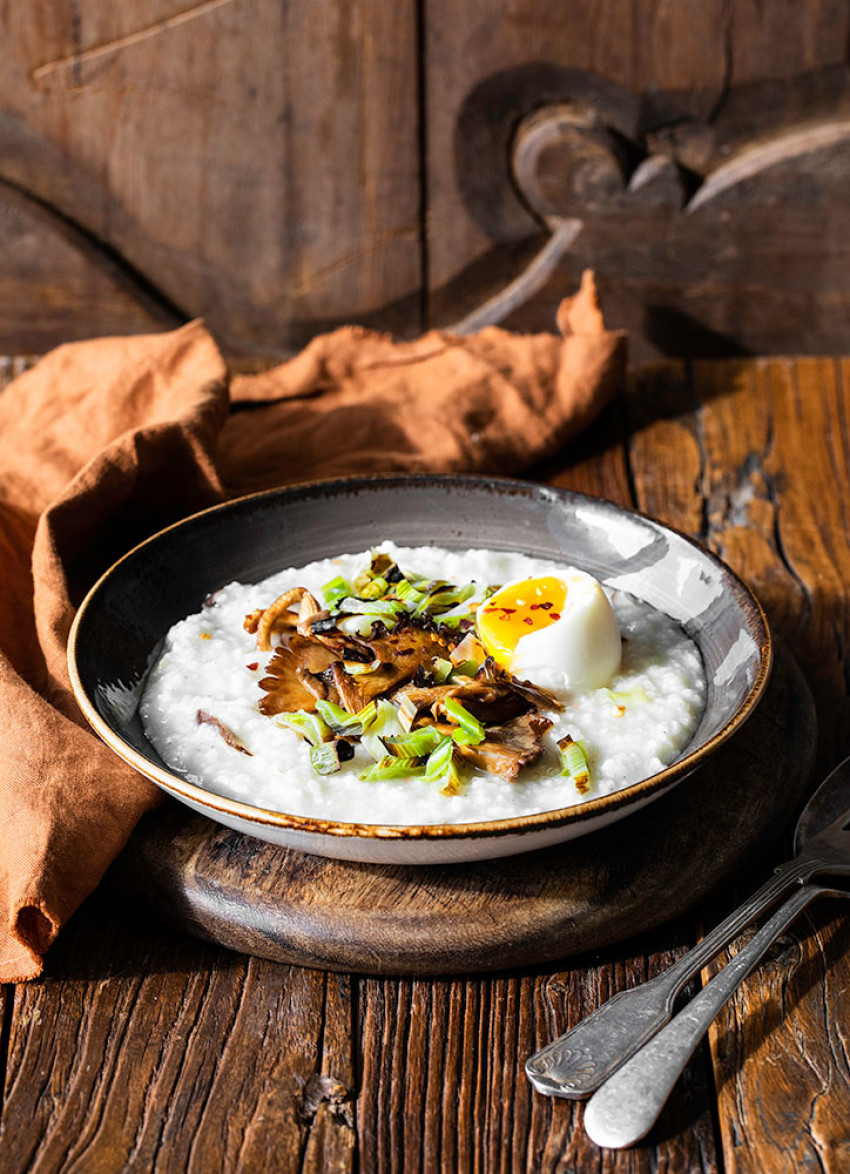 Mushroom Congee with Charred Spring Onions