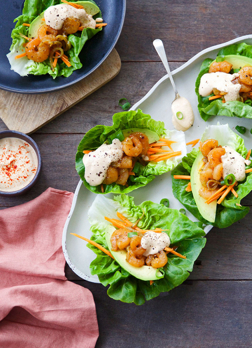 Cos Lettuce Shrimp ‘Tacos’ with Smoky Cashew Sauce