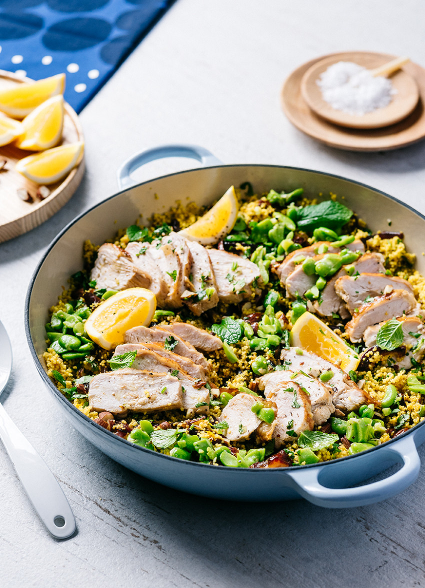 One-pan Cumin Chicken with Orange Couscous, Dates and Almonds