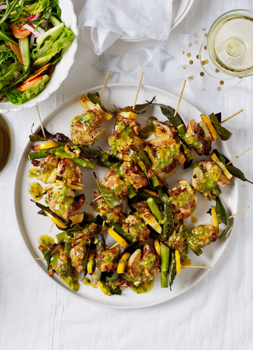 Chicken, Asparagus and Artichoke Skewers with Basil Dressing