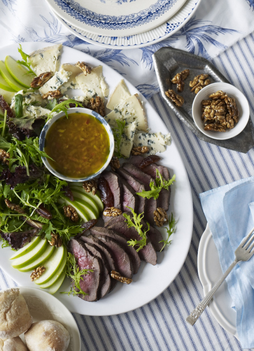 Cervena Salad with Blue Cheese, Spiced Walnuts and Green Apple