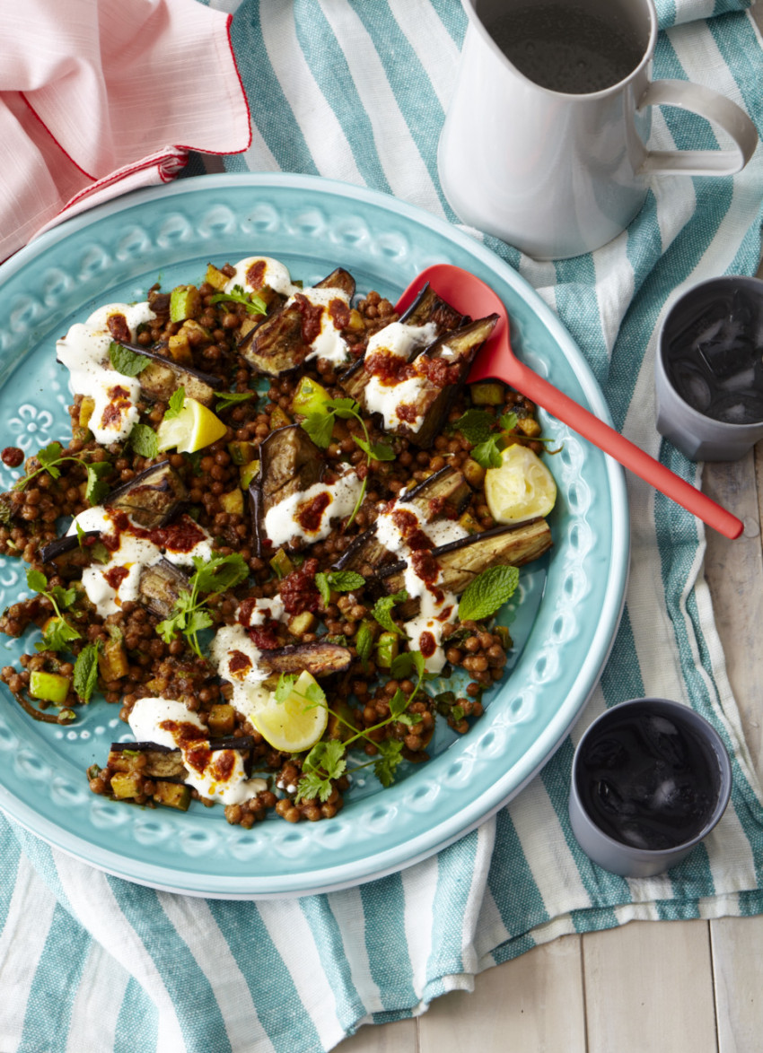 Spiced Israeli Couscous Salad with Eggplant, Yoghurt and Harissa 