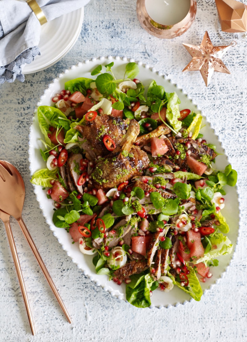 Crispy-Skinned Roast Duck with Lychee, Watermelon and Watercress Salad