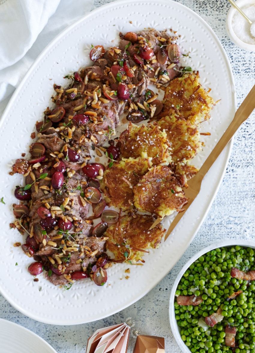 Roast Lamb with Lemon Crust and Damson Jus, Pan-Fried Grapes and Almonds