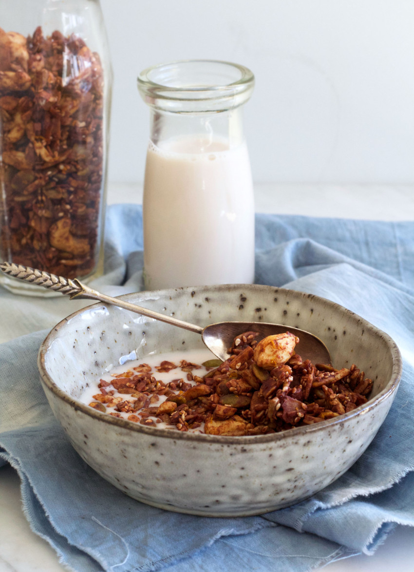 Cacao and Orange No Grain-ola with Homemade Almond Milk