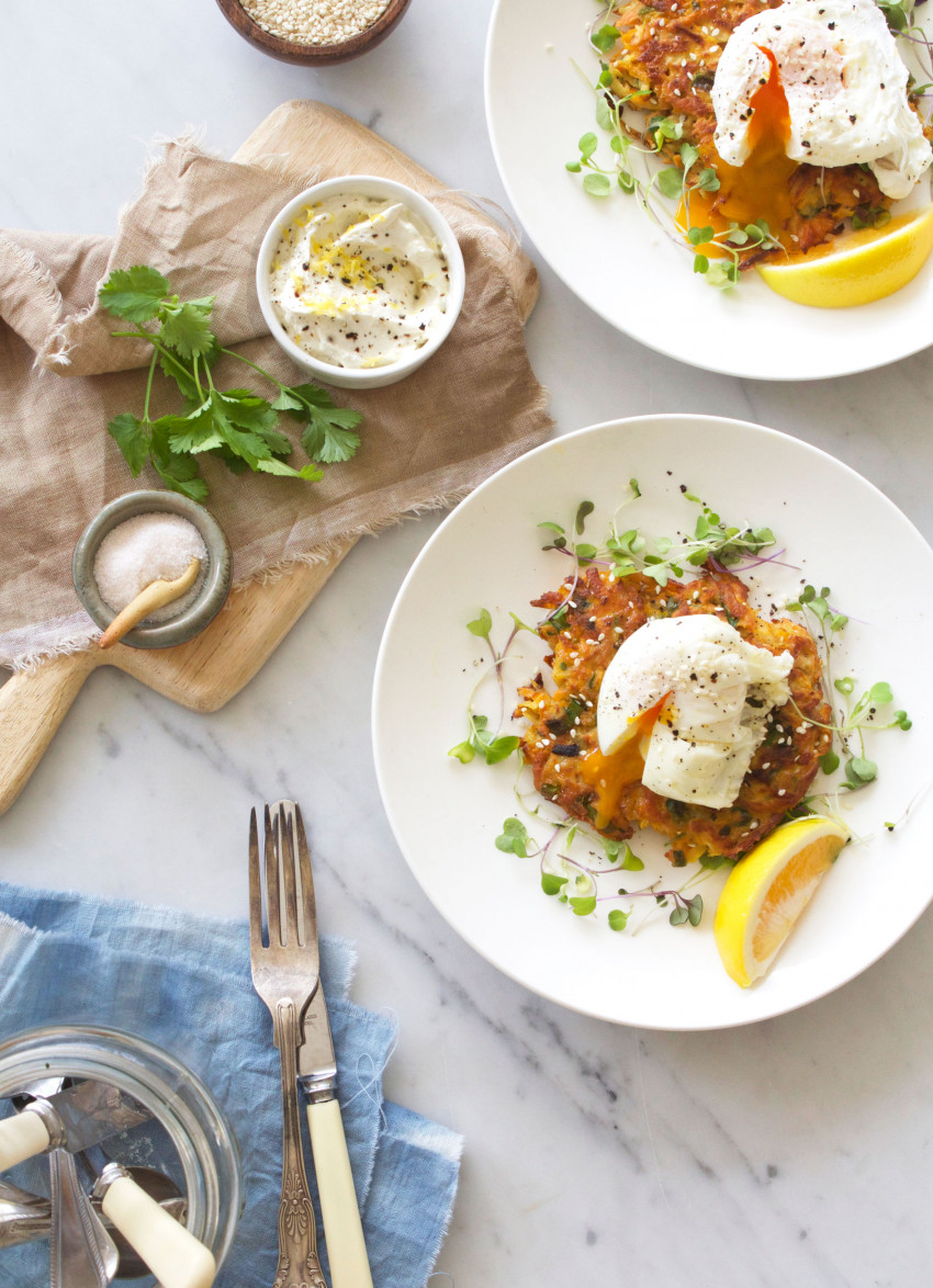 Carrot, Parsnip and Cumin Rosti with Poached Eggs and Black Pepper Labne