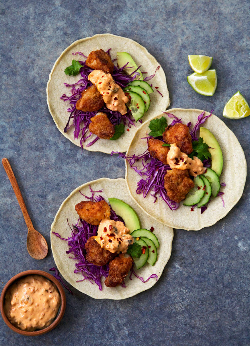 Crunchy Miso Fish Tacos with Kimchi Mayo